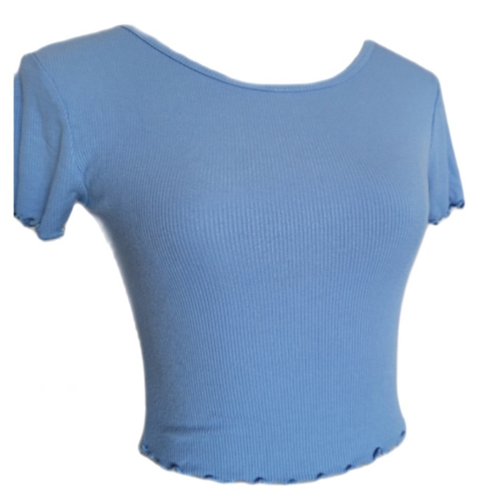 Blue Small short sleeved shirt rounded neck crop top Destined